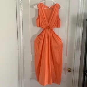 Midi coral olivaceous summer dress with cut outs
